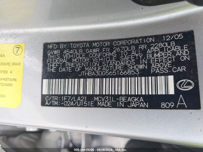 2006 Lexus Es 330 VIN: JTHBA30G565166853 Lot: 39419206