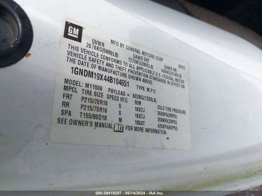 2004 Chevrolet Astro VIN: 1GNDM19X44B104651 Lot: 39419207