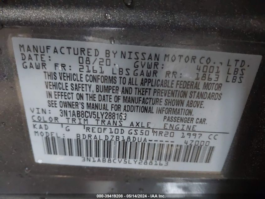 2020 Nissan Sentra Sv Xtronic Cvt VIN: 3N1AB8CV5LY288163 Lot: 39419208