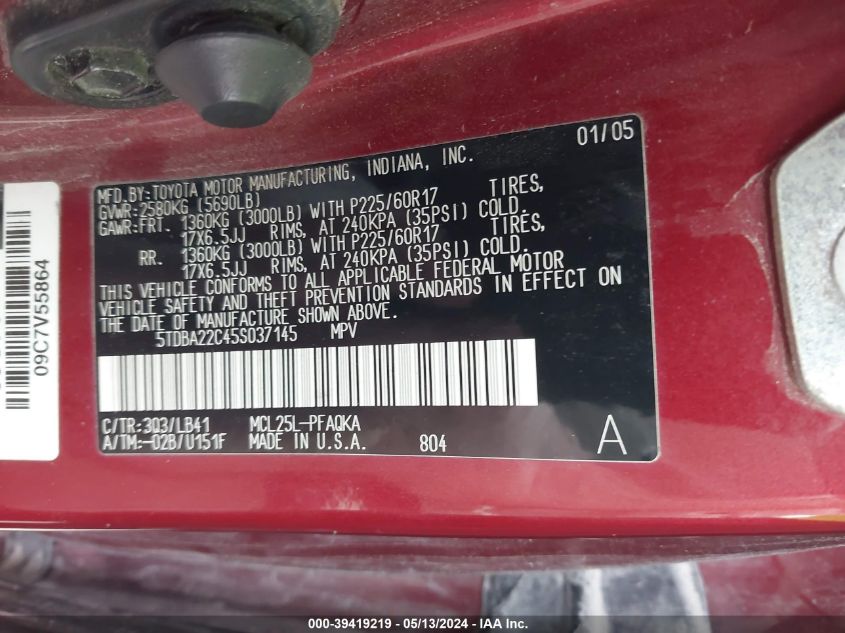 2005 Toyota Sienna Xle Limited VIN: 5TDBA22C45S037145 Lot: 39419219