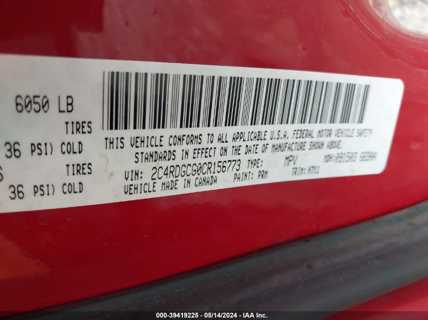 2012 Dodge Grand Caravan Sxt VIN: 2C4RDGCG0CR156773 Lot: 39419225