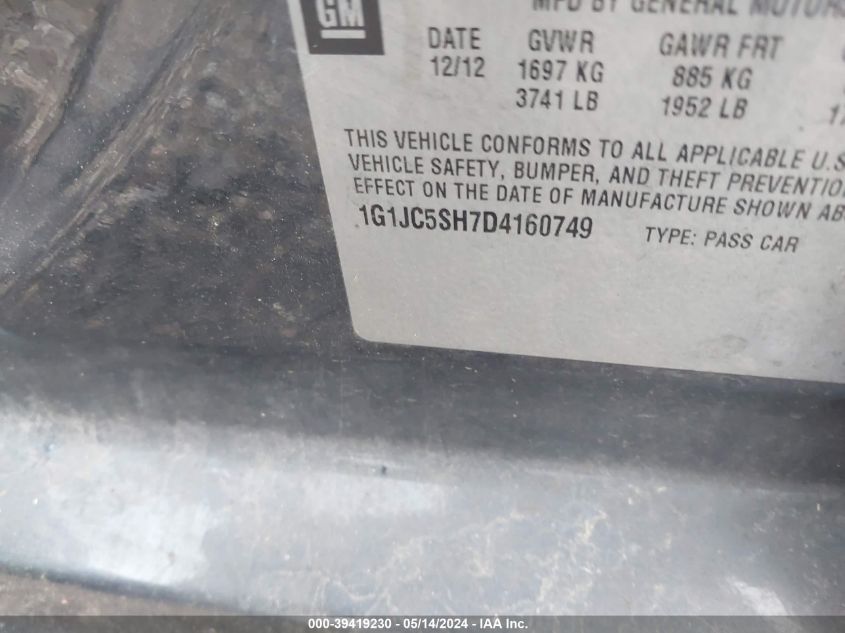 2013 Chevrolet Sonic Lt Auto VIN: 1G1JC5SH7D4160749 Lot: 39419230