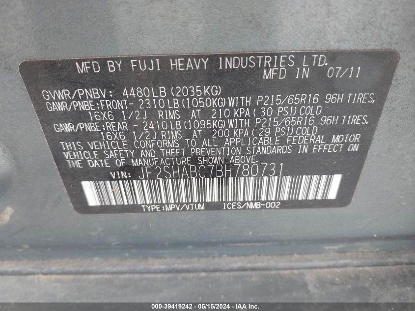 2011 Subaru Forester 2.5X VIN: JF2SHABC7BH780731 Lot: 39419242