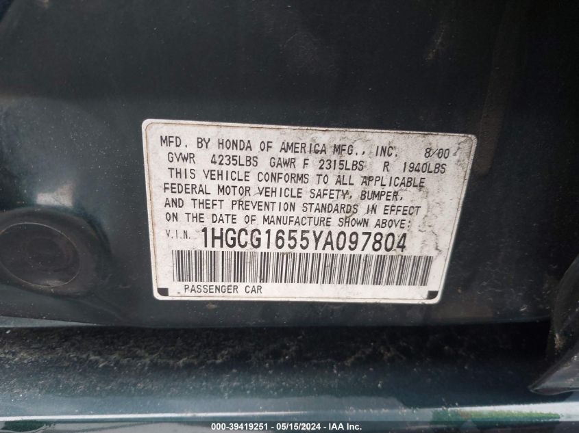 1HGCG1655YA097804 | 2000 HONDA ACCORD