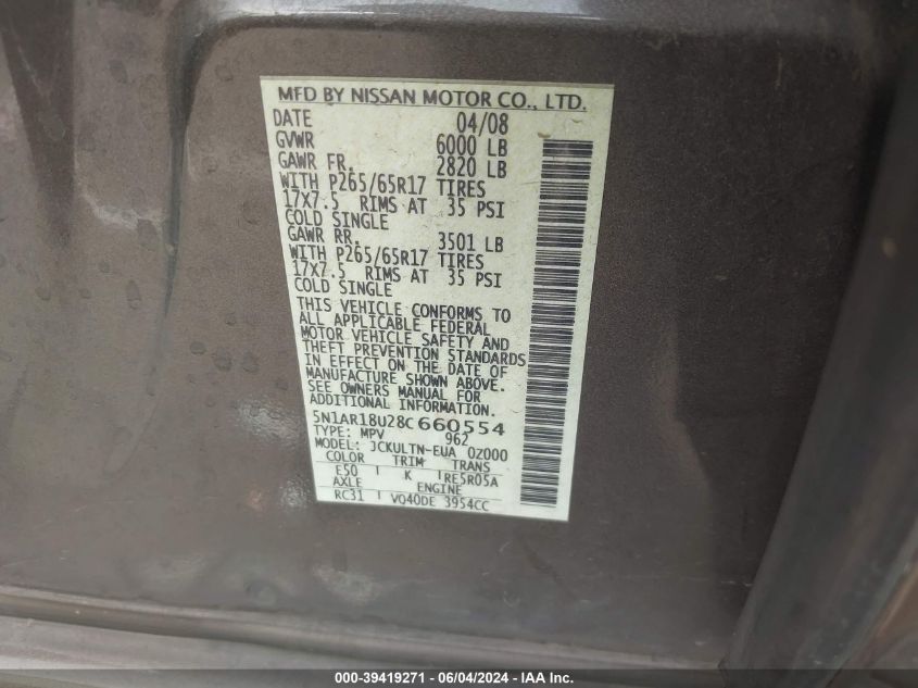 2008 Nissan Pathfinder Se VIN: 5N1AR18U28C660554 Lot: 39419271