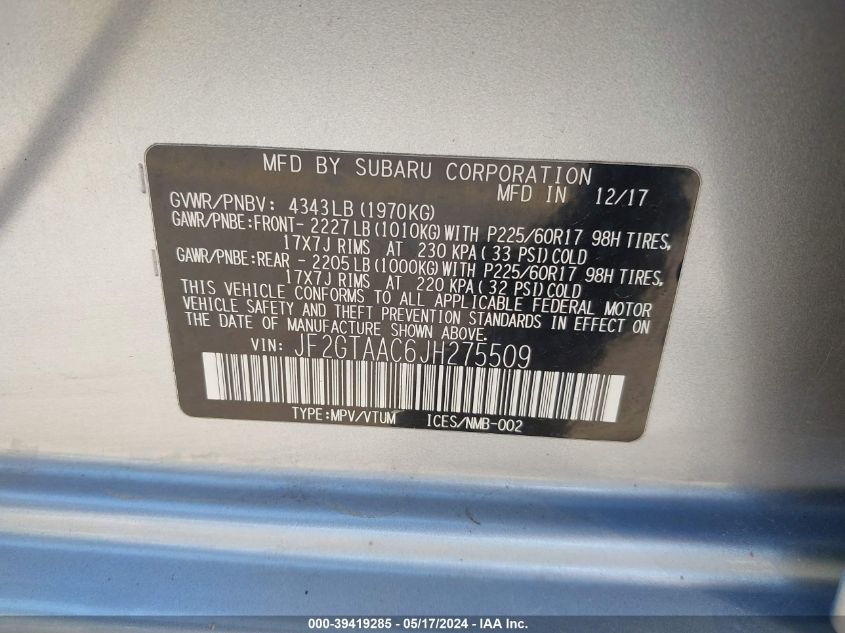 2018 Subaru Crosstrek VIN: JF2GTAAC6JH275509 Lot: 39419285