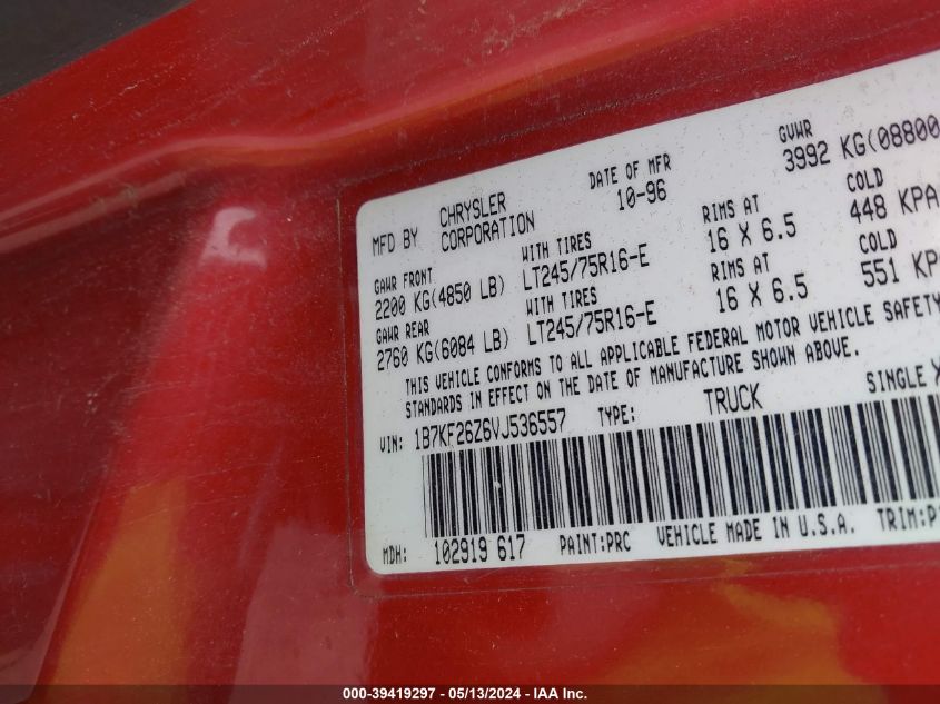 1997 Dodge Ram 2500 Lt VIN: 1B7KF26Z6VJ536557 Lot: 39419297