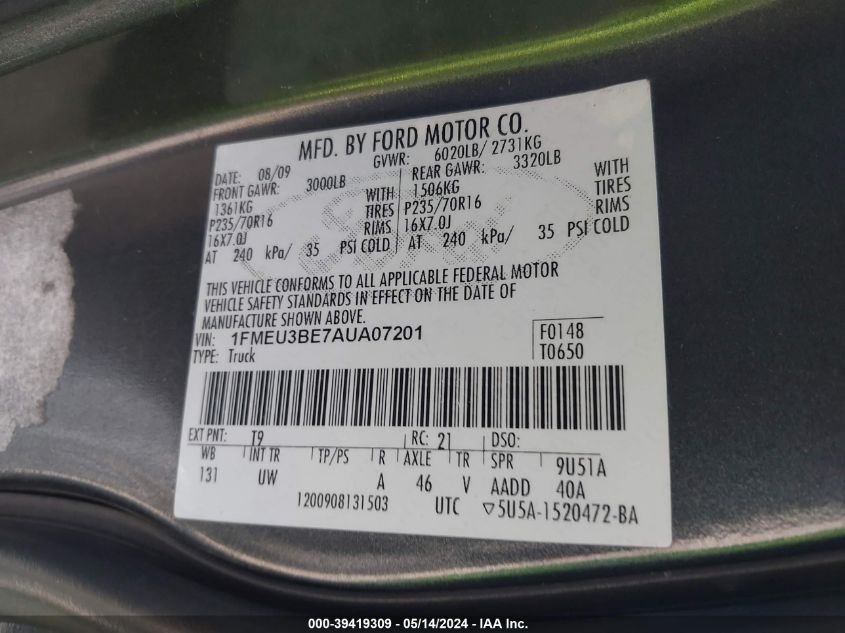 2010 Ford Explorer Sport Trac Xlt VIN: 1FMEU3BE7AUA07201 Lot: 39419309