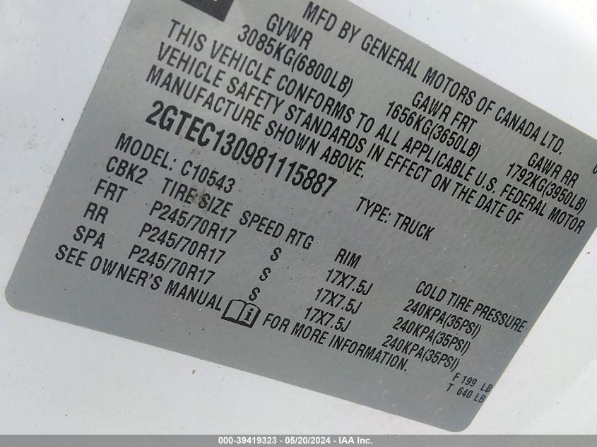 2008 GMC Sierra 1500 Sle1 VIN: 2GTEC130981115887 Lot: 39419323
