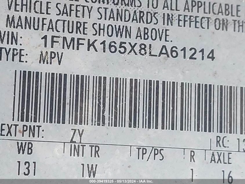 2008 Ford Expedition El Xlt VIN: 1FMFK165X8LA61214 Lot: 39419325