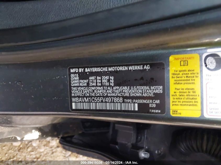 2015 BMW X1 Sdrive28I VIN: WBAVM1C55FV497868 Lot: 39419338