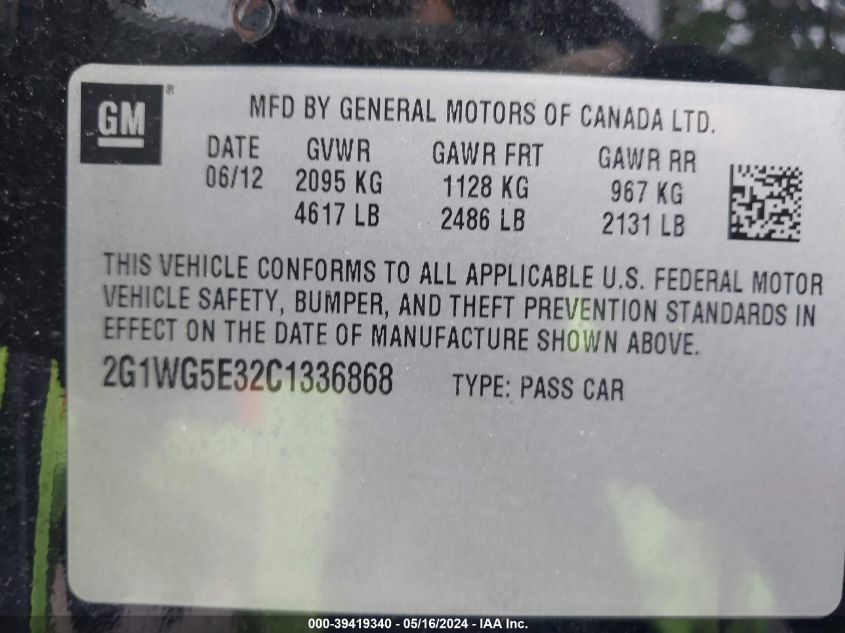 2012 Chevrolet Impala Lt VIN: 2G1WG5E32C1336868 Lot: 39419340