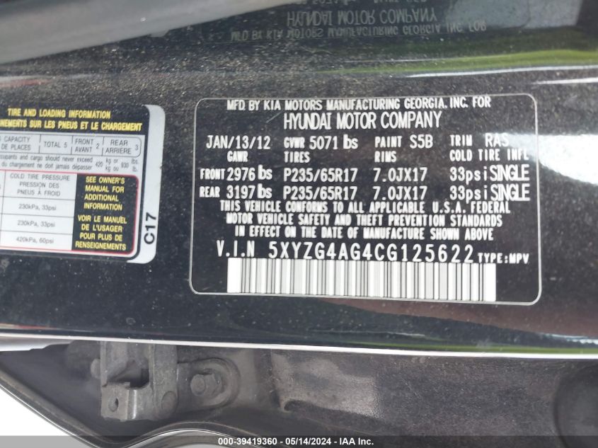 2012 Hyundai Santa Fe Gls V6 VIN: 5XYZG4AG4CG125622 Lot: 39419360