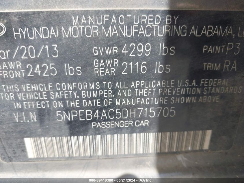 2013 Hyundai Sonata Gls VIN: 5NPEB4AC5DH715705 Lot: 39419380