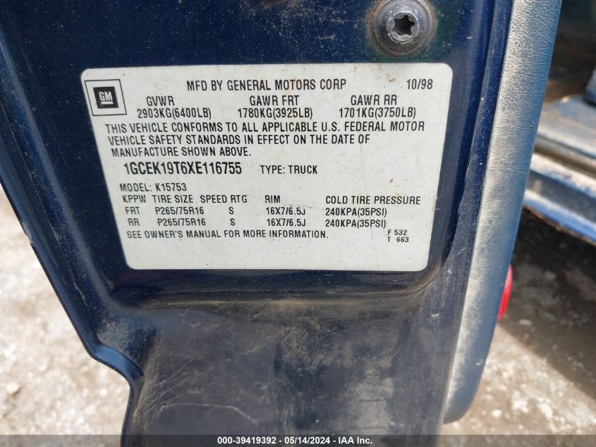 1999 Chevrolet Silverado 1500 Ls VIN: 1GCEK19T6XE116755 Lot: 39419392