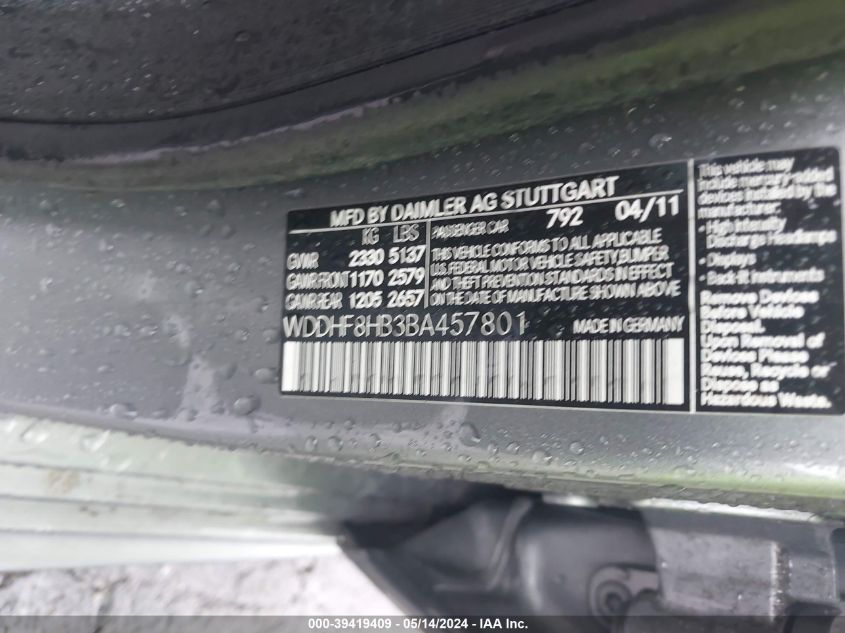 2011 Mercedes-Benz E 350 4Matic VIN: WDDHF8HB3BA457801 Lot: 39419409
