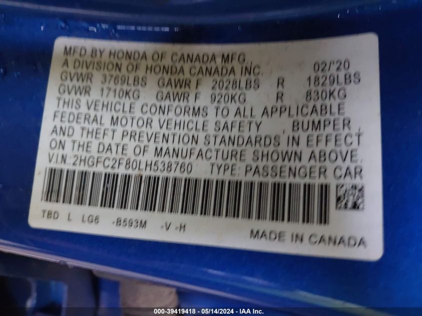 2020 Honda Civic Sport VIN: 2HGFC2F80LH538760 Lot: 39419418