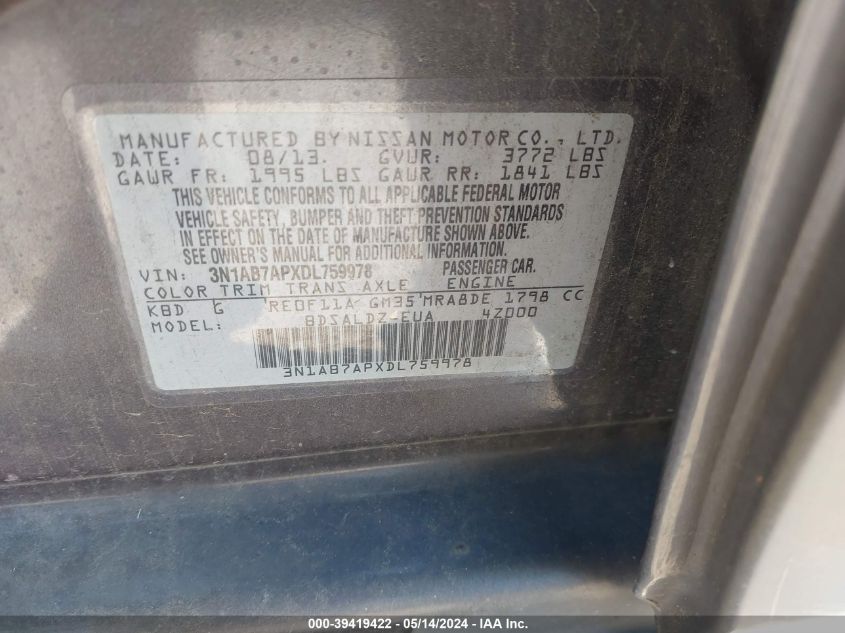 2013 Nissan Sentra Sv VIN: 3N1AB7APXDL759978 Lot: 39419422