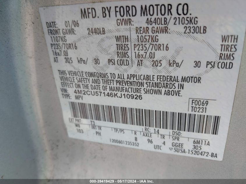 2006 Mercury Mariner VIN: 4M2CU57146KJ10926 Lot: 39419429