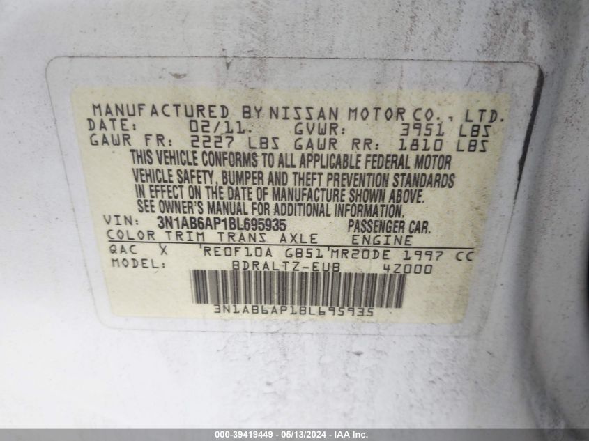 2011 Nissan Sentra 2.0S VIN: 3N1AB6AP1BL695935 Lot: 39419449