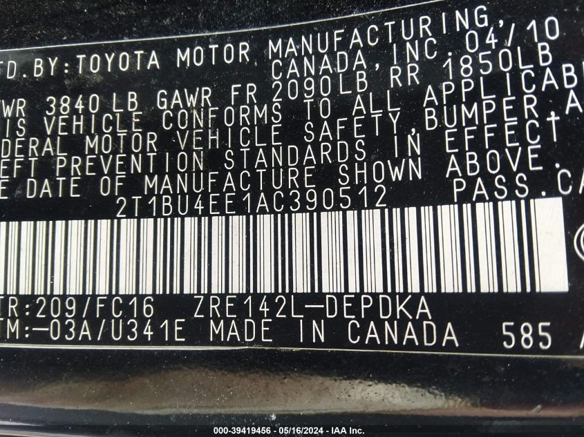 2010 Toyota Corolla Le VIN: 2T1BU4EE1AC390512 Lot: 39419456