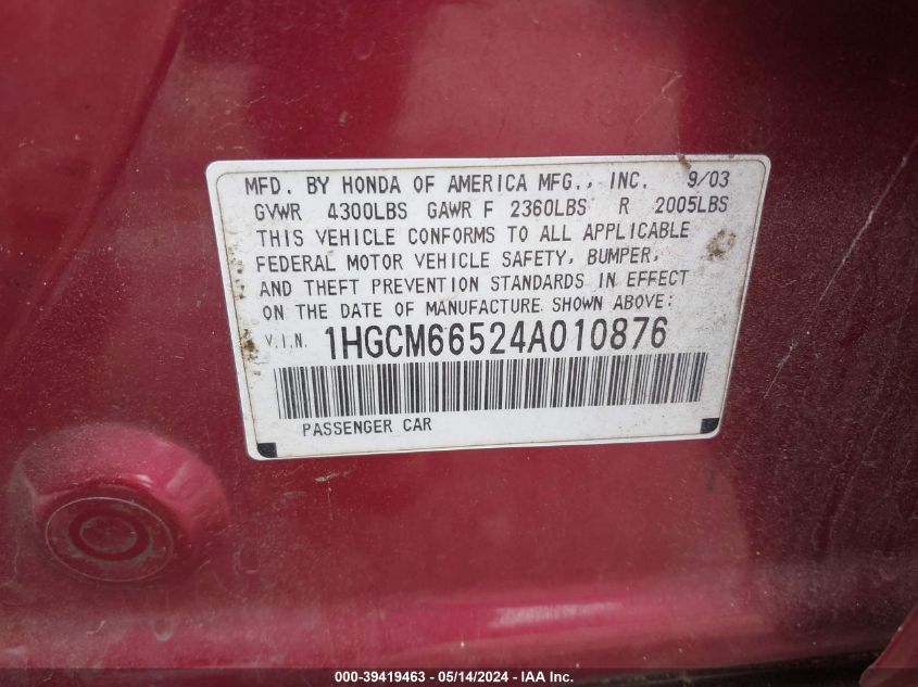 2004 Honda Accord 3.0 Ex VIN: 1HGCM66524A010876 Lot: 39419463