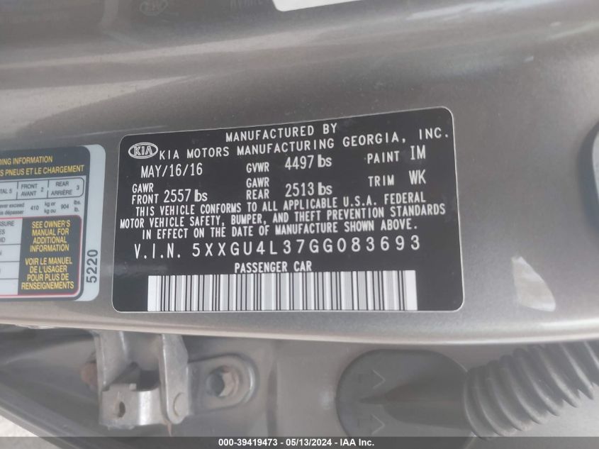 2016 Kia Optima Ex VIN: 5XXGU4L37GG083693 Lot: 39419473