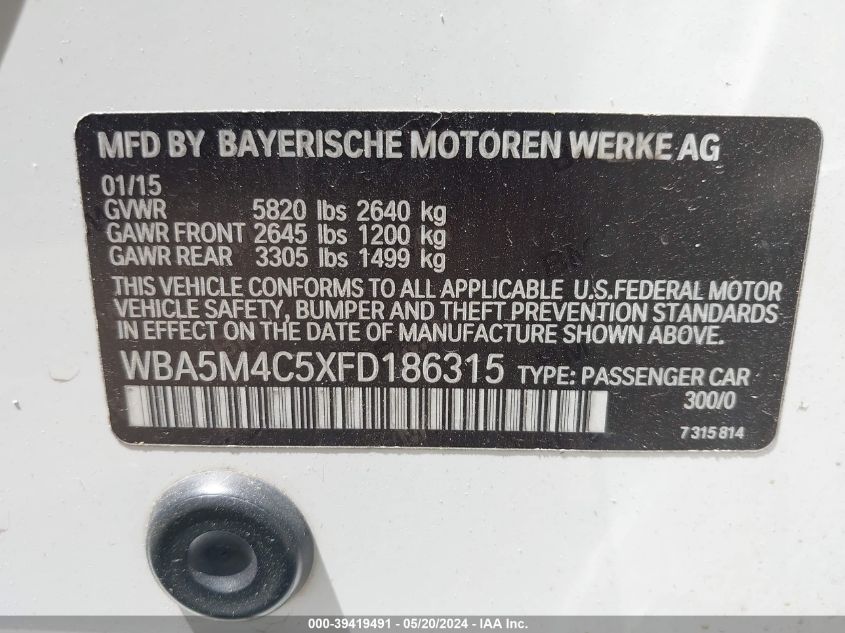 2015 BMW 535I Gran Turismo xDrive VIN: WBA5M4C5XFD186315 Lot: 39419491