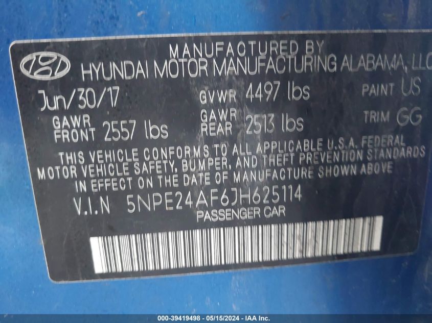 2018 Hyundai Sonata Se VIN: 5NPE24AF6JH625114 Lot: 39419498