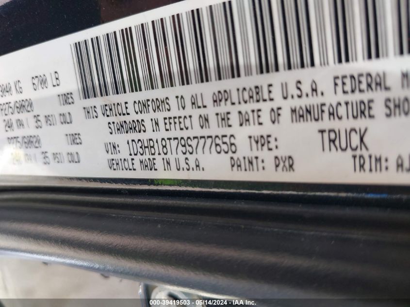 2009 Dodge Ram 1500 Slt/Sport/Trx VIN: 1D3HB18T79S777656 Lot: 39419503