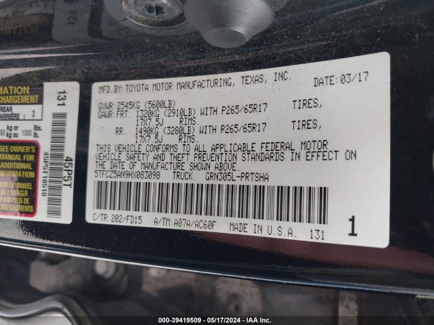 2017 Toyota Tacoma Trd Sport VIN: 5TFCZ5AN9HX083098 Lot: 39419509