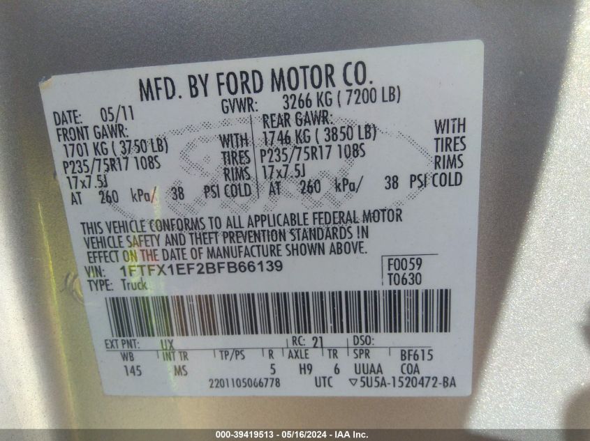 2011 Ford F-150 Xlt VIN: 1FTFX1EF2BFB66139 Lot: 39419513