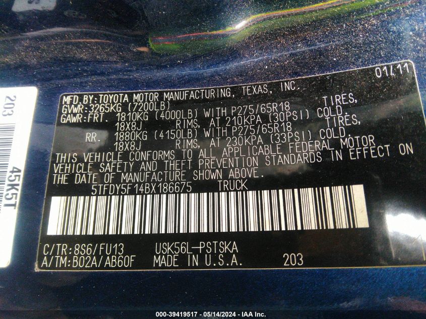 2011 Toyota Tundra Grade 5.7L V8 VIN: 5TFDY5F14BX186675 Lot: 39419517