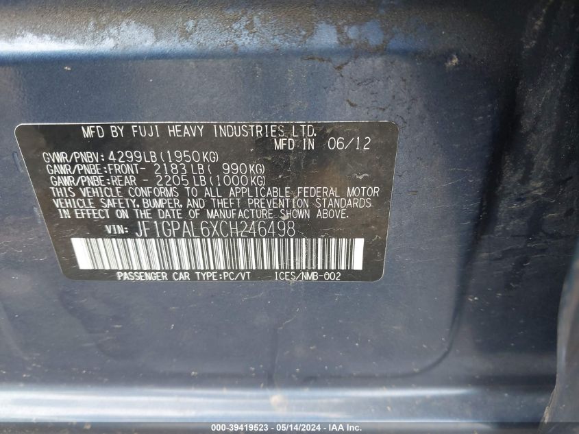 2012 Subaru Impreza 2.0I Sport Premium VIN: JF1GPAL6XCH246498 Lot: 39419523