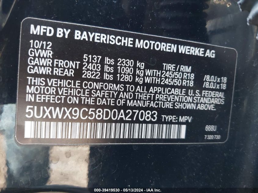 2013 BMW X3 xDrive28I VIN: 5UXWX9C58D0A27083 Lot: 39419530