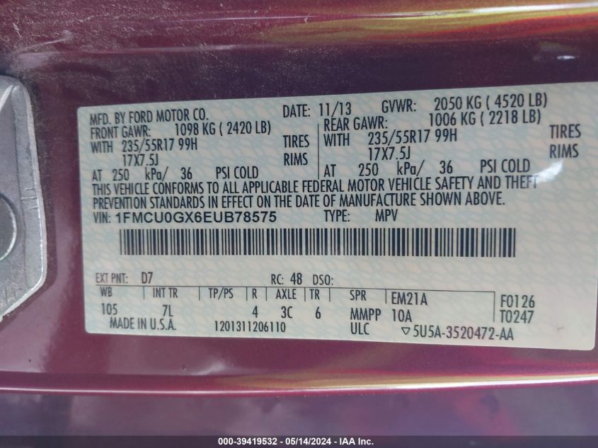 2014 Ford Escape Se VIN: 1FMCU0GX6EUB78575 Lot: 39419532