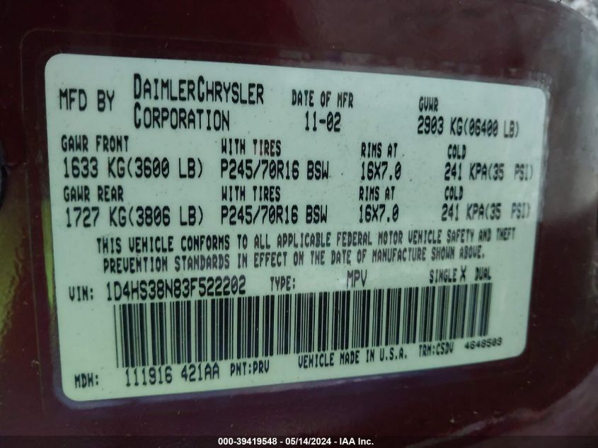 2003 Dodge Durango Sport/Sxt VIN: 1D4HS38N83F522202 Lot: 39419548