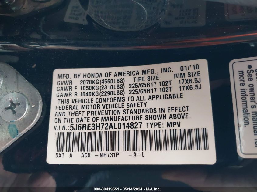 2010 Honda Cr-V Ex-L VIN: 5J6RE3H72AL014827 Lot: 39419551