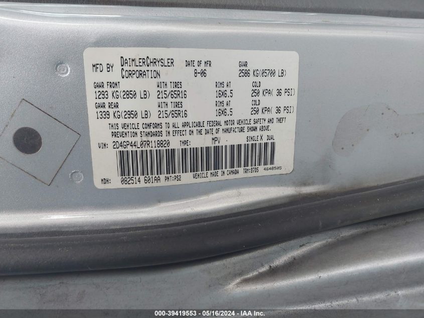 2007 Dodge Grand Caravan Sxt VIN: 2D4GP44L07R118820 Lot: 39419553