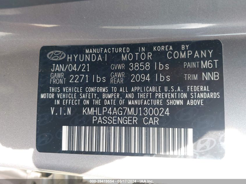 2021 Hyundai Elantra Limited VIN: KMHLP4AG7MU130024 Lot: 39419554