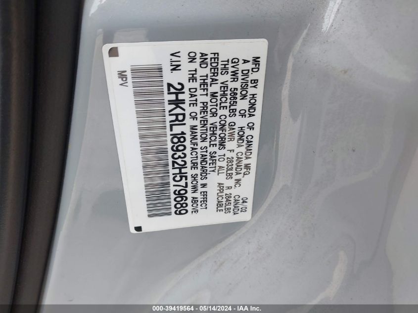 2002 Honda Odyssey Ex-L VIN: 2HKRL18932H579689 Lot: 39419564