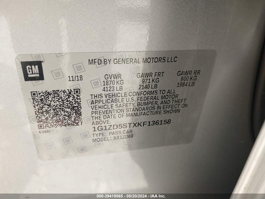 2019 Chevrolet Malibu Lt VIN: 1G1ZD5STXKF136158 Lot: 39419565