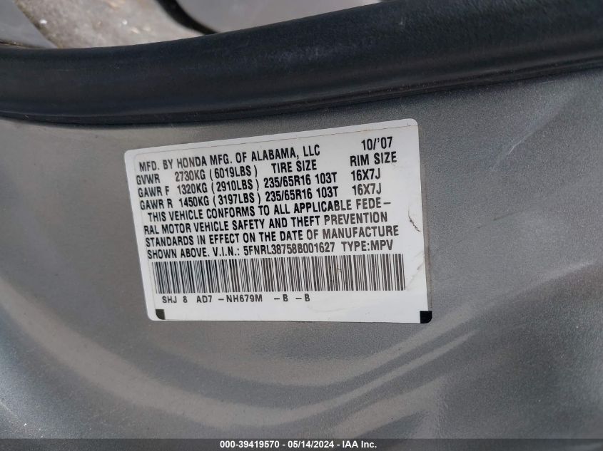 2008 Honda Odyssey Exl VIN: 5FNRL38758B001627 Lot: 39419570