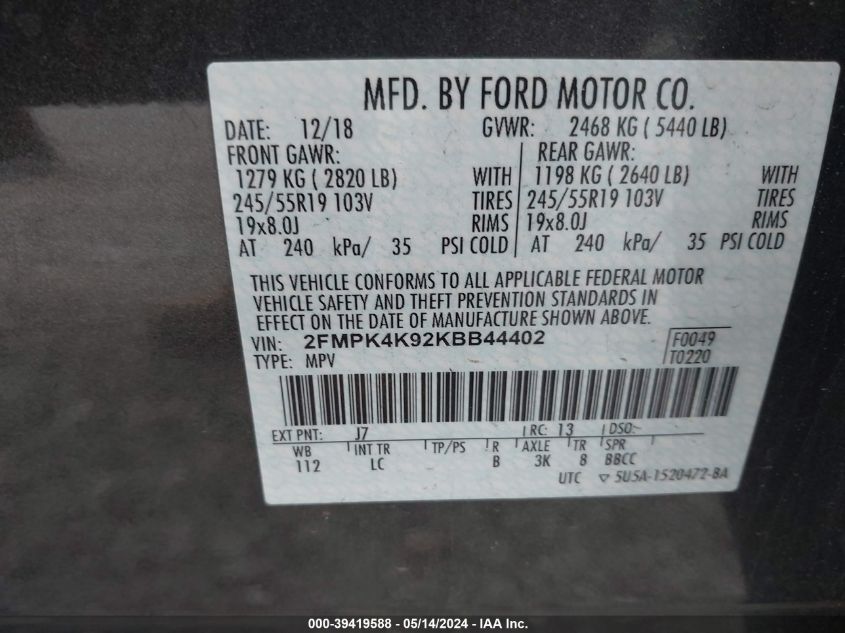 2019 Ford Edge Titanium VIN: 2FMPK4K92KBB44402 Lot: 39419588