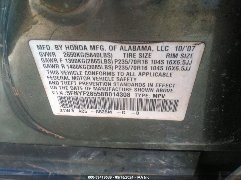 2008 Honda Pilot Ex-L VIN: 5FNYF28558B014308 Lot: 39419589