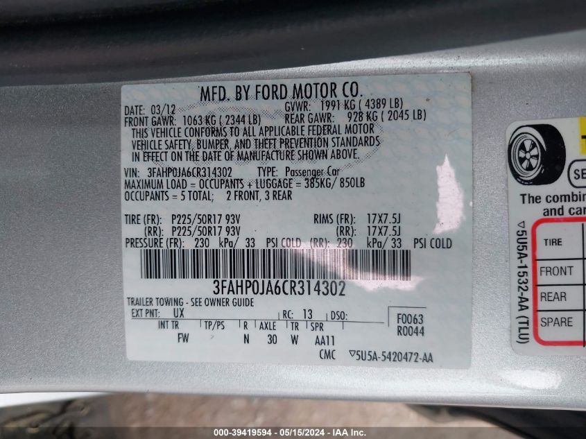 2012 Ford Fusion Sel VIN: 3FAHP0JA6CR314302 Lot: 39419594