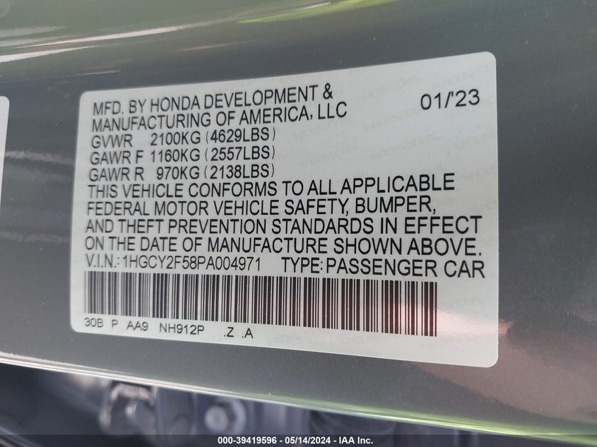 VIN 1HGCY2F58PA004971 2023 HONDA ACCORD HYBRID SPORT