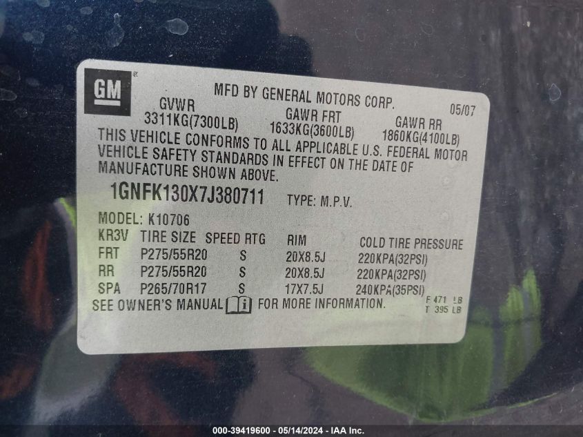 2007 Chevrolet Tahoe Ltz VIN: 1GNFK130X7J380711 Lot: 39419600