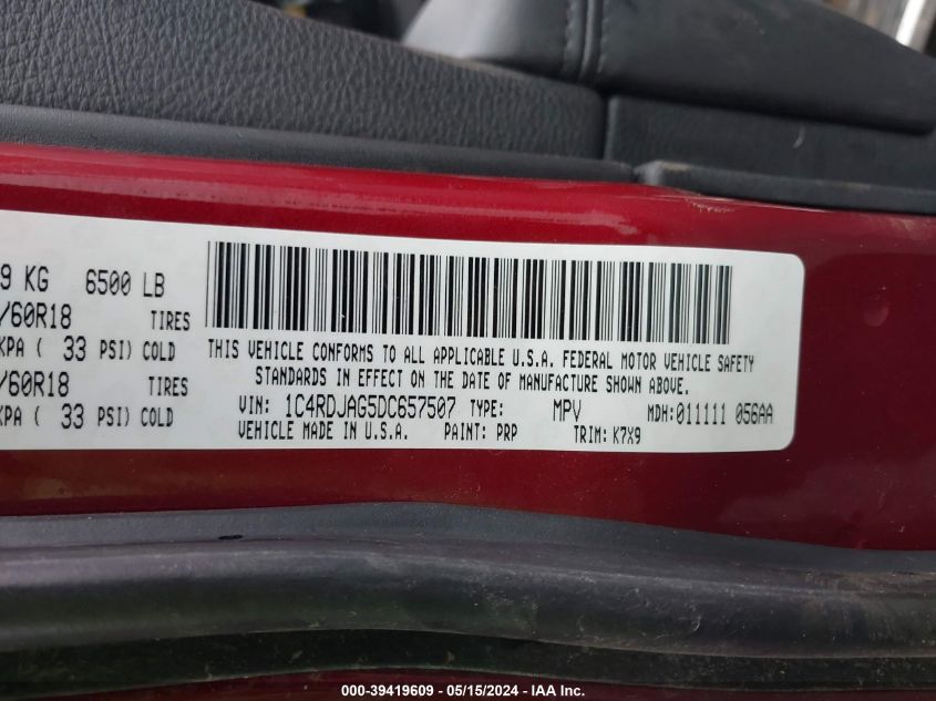 2013 Dodge Durango Sxt VIN: 1C4RDJAG5DC657507 Lot: 39419609