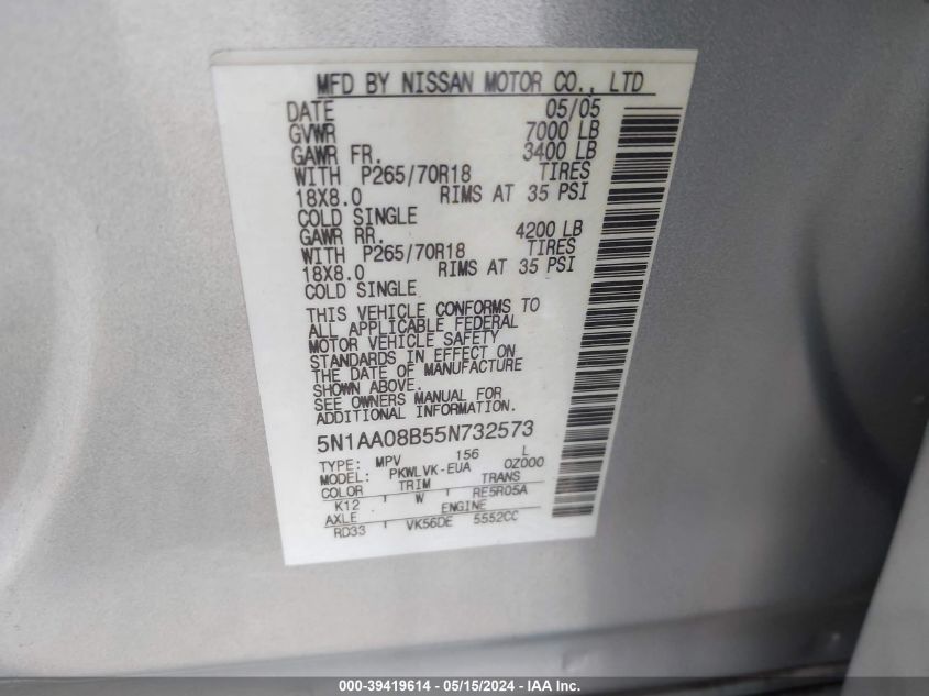 2005 Nissan Armada Se/Le VIN: 5N1AA08B55N732573 Lot: 39419614